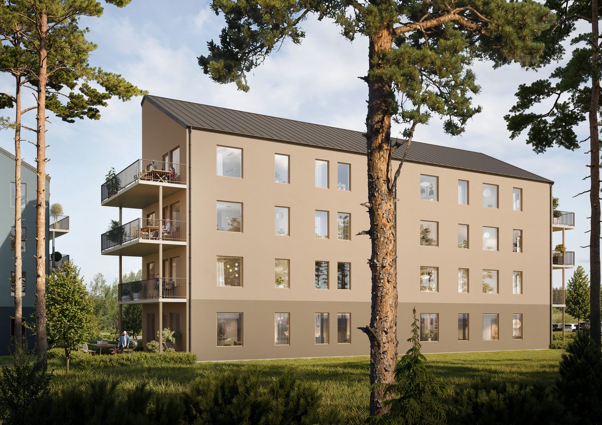 Vy över Terrasshöjdens tre huskroppar i kulörerna Salamander, Latte och Blålera