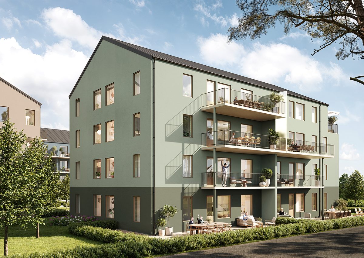 Husen i Terrasshöjden med den gemensamma gården och grönska